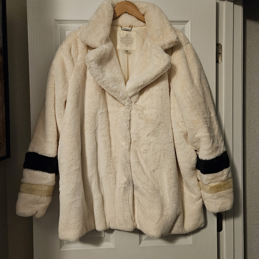 Off white faux fur coat with sleeve stripes